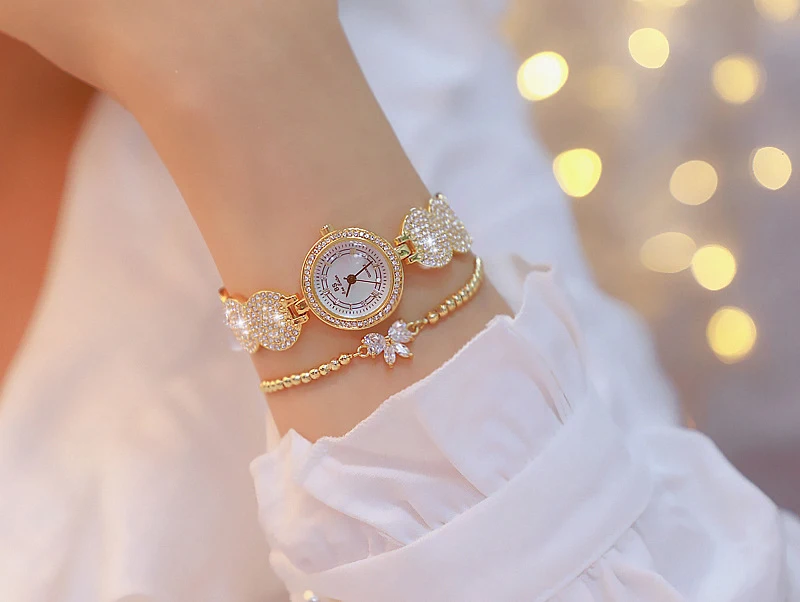 Женские часы, кварцевые женские золотые модные наручные часы с бриллиантами из нержавеющей стали, женские наручные часы с браслетом для девушек