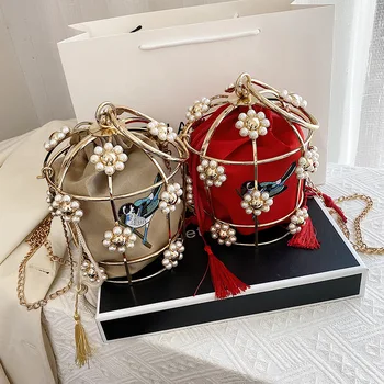 

women's bag Luxury Pearl Sunflower Hollow Basket Bag Rhinestone Handmade Basket Bag Portable Birdcage Bag Dinner