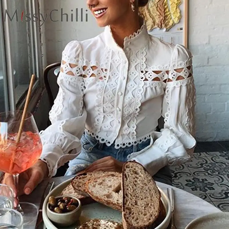 MissyChilli выдалбливают Вышитые белая офисная блузка рубашка для женщин с длинным пышным рукавом Блузка Весна сексуальный элегантный клуб короткий топ