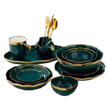 

Royal Green Ceramic Tableware Set With Golden Inlay Porcelain Steak Fish Fruit Plate Salad Rice Noodle Bowl Spoon Fork Knife