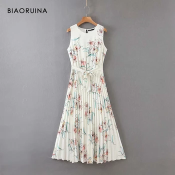

BIAORUINA Women's Floral Print Seeveless Round Neck Pleated Maxi Dress Beach Style Summer High Waist Dress Vestido with Sashes