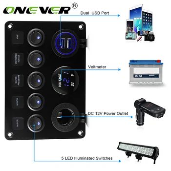 

ALLOMN Car Marine Boat LED Rocker Switch Panel Dual USB Port Outlet Car Ship Combination Panel Circuit Digital Voltmeter 5 Gang