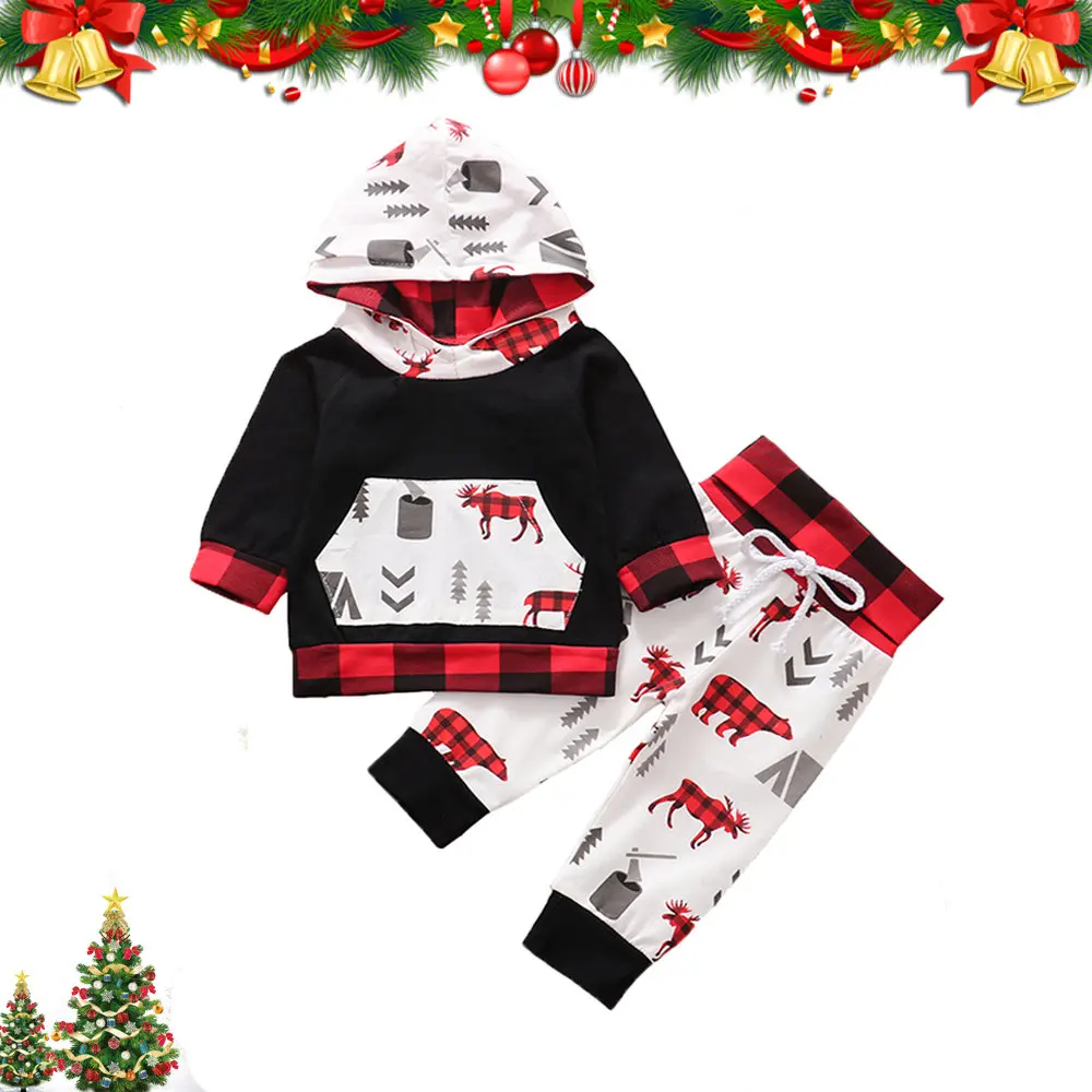 Комплект одежды для маленьких мальчиков, Осень-зима, теплые наряды для новорожденных, топы с изображением Красного оленя, худи, штаны, 2 предмета, хлопковая Рождественская одежда для маленьких мальчиков