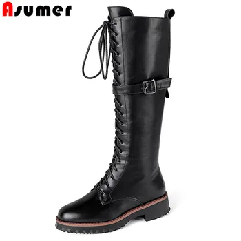 

ASUMER 2020 new fashion Motorcycle Boots women genuine leather knee high boots top quality buckle low heels casual shoes woman
