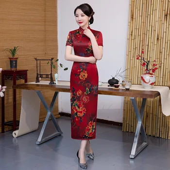 

Chinese Traditional Silk Dress Cheongsam Long Handmade Button Qipao Vestido Oriental Party Dresses Oversize 4XL