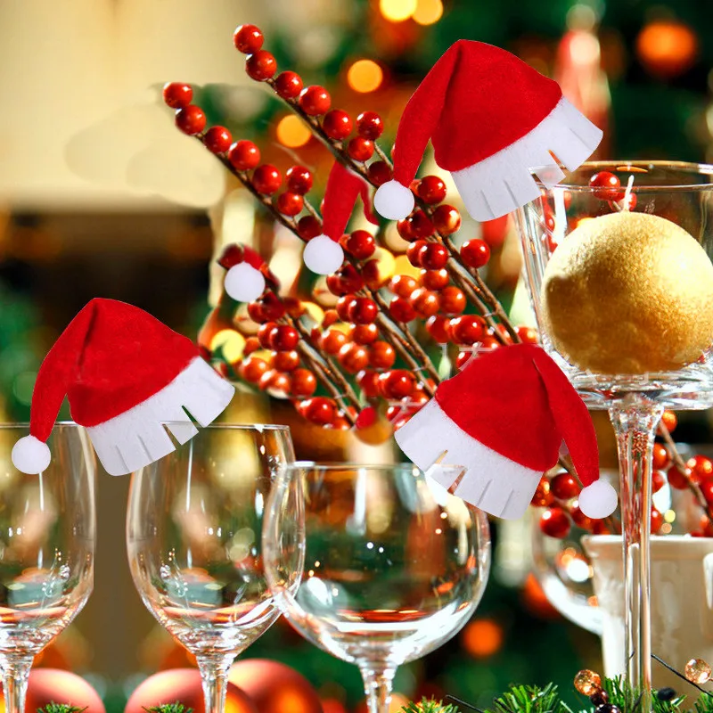 10 шт./лот, рождественские украшения для домашнего стола, открытки, Рождественская Шляпа Санты, бокал для вина, украшения, новогодние вечерние принадлежности