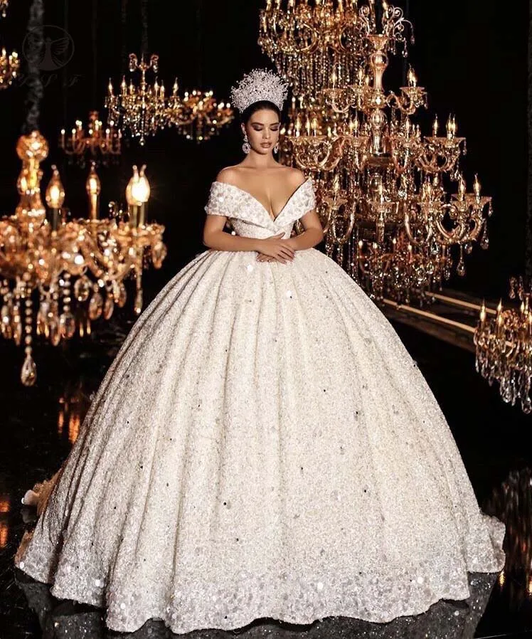 

Luxury Wedding Dresses Off the Shoulder Beaded Bling Bling Ball Gown Sweep Train Vestidos De Novias 2020
