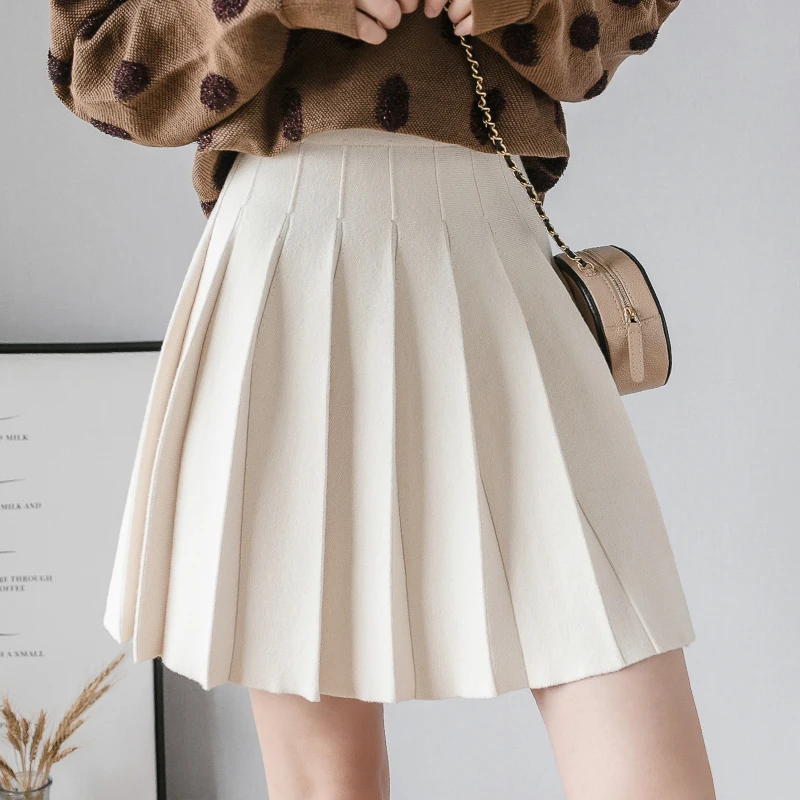 

Women Knitted Pleated Skirt Autumn Winter Women Mini Skirts jupe femme Girls Casual Korean Fashion High Waist Skirt Saia 2021