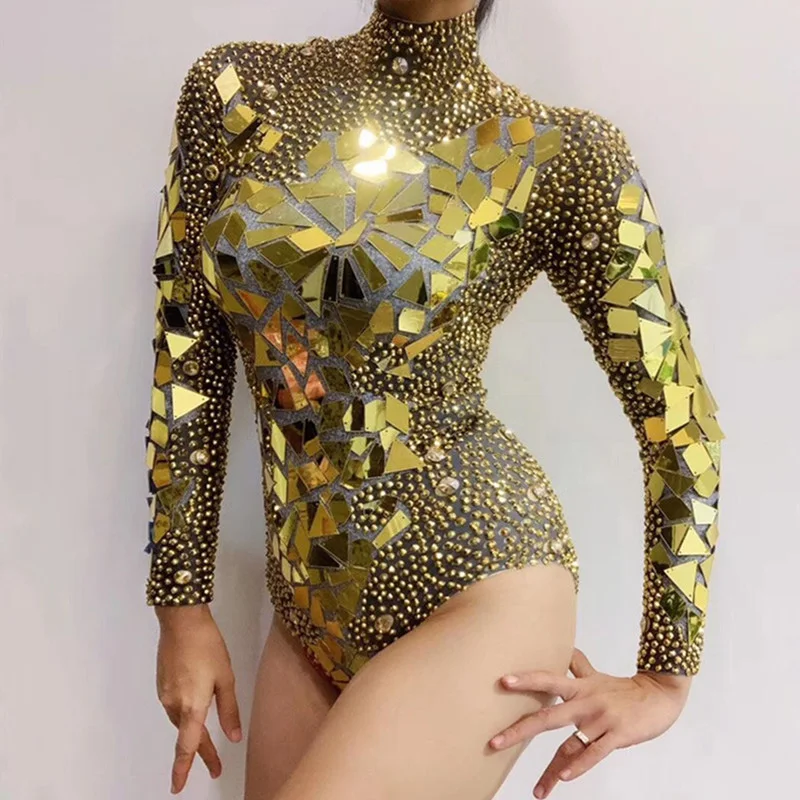 only bodysuit Shining Rhinestones Gold Mirror Bodysuit Sexy Nigthclub DJ Singer Nightclub Stage Costumes Gogo Dance Team Leotard Rave Clothes - Цвет: only bodysuit