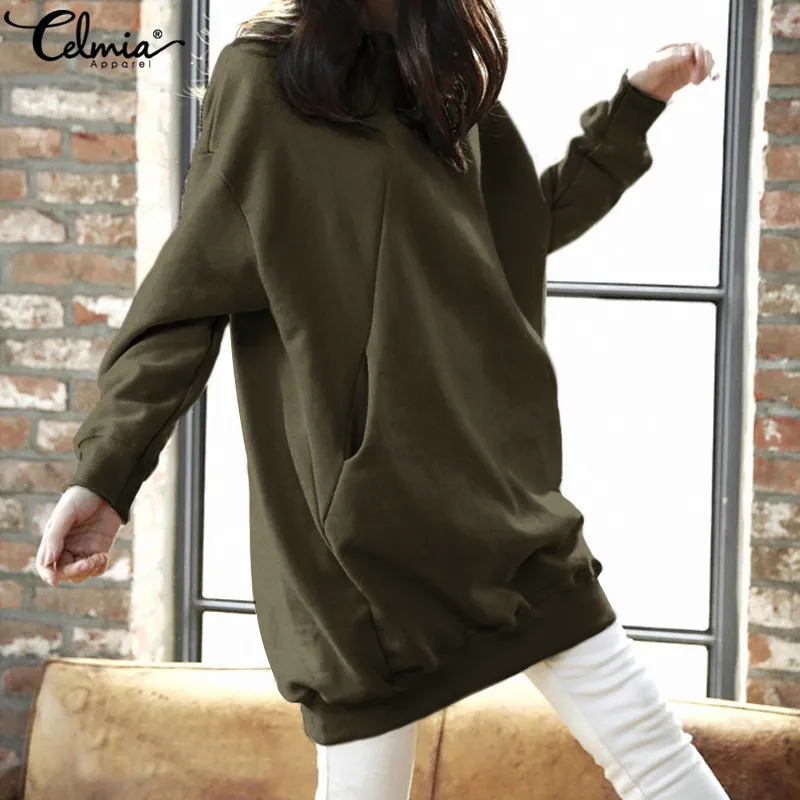  Autumn Hoodies Sweatshirts 2019 Celmia Women Round Neck Sleeve Casual Loose Tops Solid Pullovers Pl