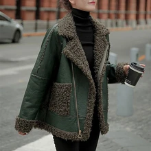 

Korean Lamb Fur PU Leather Stitching Loose Short Thick Jacket Female Warm Parkas Suit Collar Black Women's Winter Sheepskin Coat
