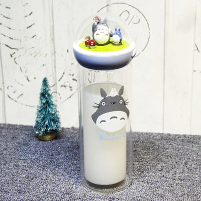300ML Blue Creative Micro Landscape Cartoon Totoro Mini Water Bottle For Girl Double Layer Glass Bottle Kawaii Drinking Bottles BPA Free - Цвет: 300ML Blue
