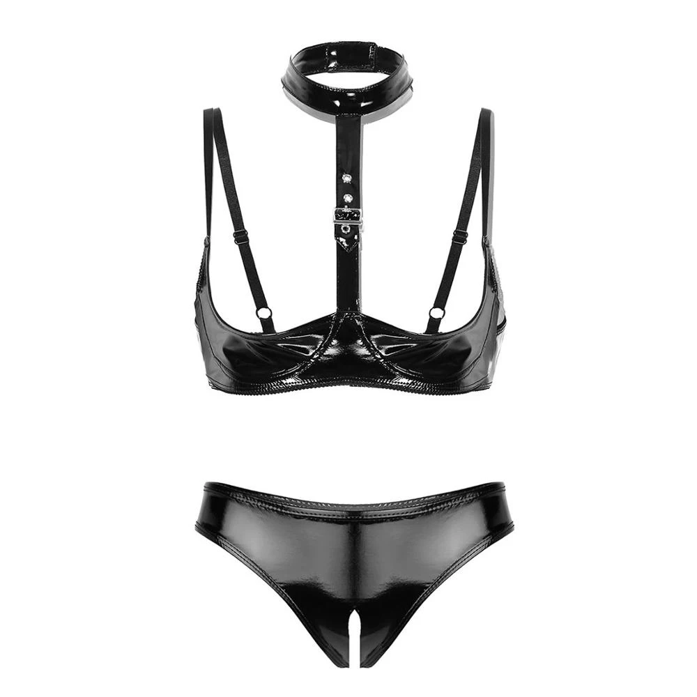 Womens Wet Look Leather Crotchless Open Cup Exotic Lingerie Set Open Cups  Shelf Bra Top with Open Crotch High Cut Briefs Panties - AliExpress