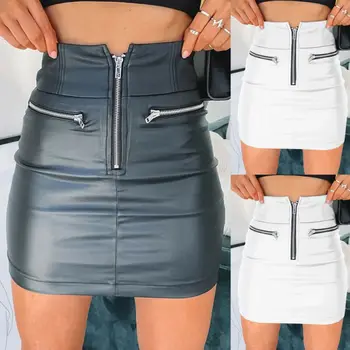 

Sexy Women Black PU Leather Pencil Bodycon Skirt Clubwear Double Zipper High Waist Mini Short Skirt Belt Black White Khaki Skirt
