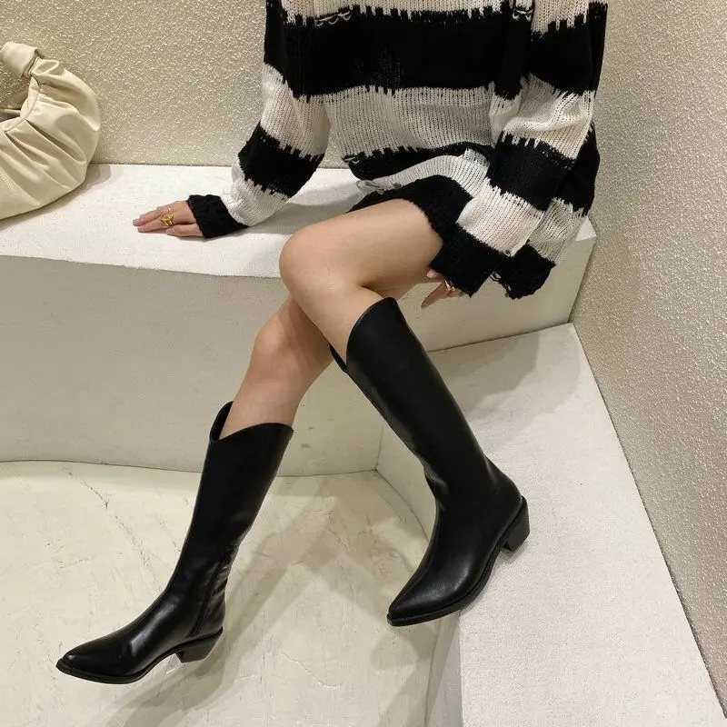 Sexy Knee-high Boots Cowboy Western Boots 2022 Hot Spring Knight Boots Pu Leather Women Long Boots Female Shoes Plus Size 35-43