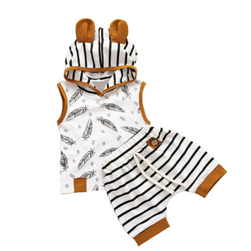 baby girl cotton clothing set Baby Boys Clothes 2020 Girl Sleeveless Summer Toddler Infant Hooded Leaves Tops T-shirt Stripe Short Pants Outfits 2Pcs Baby Clothing Set for boy