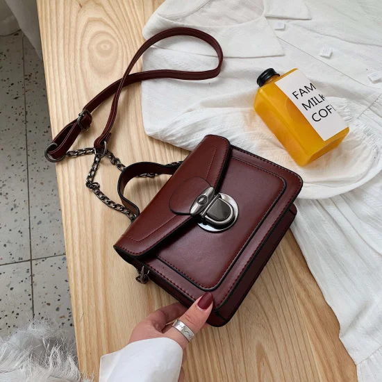 Red brown Мини однотонные винтажные кожаные сумки через плечо для женщин на цепочке, качественные женские сумки-мессенджеры и кошельки с замком - Цвет: Red brown