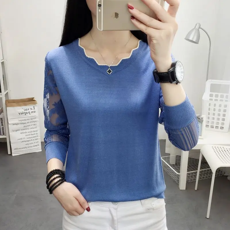 blue OHCLOTHING, новинка, кружевной свитер, Женская Нижняя блуза с длинным рукавом, свободная Весенняя НОВАЯ тонкая трикотажная блузка, трендовая блузка - Цвет: blue