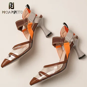 

Prova Perfetto Sexy Sandals Slingbacks Ladies Shoes Transparency Colour Mixture Hoof Heels Shoes Woman Elegant Office Lady Shoes