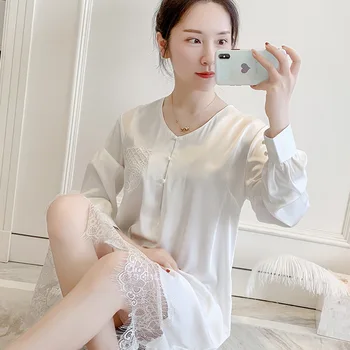 

Lady Casual Lace Patchwork Nightwear Intimate Lingerie Satin Nightdress Bathrobe Loose Sleepwear Home Dressing Gown Nightgown