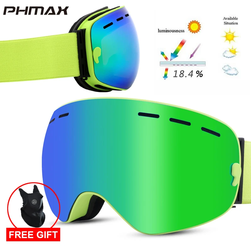 PHMAX лыжные очки с лыжной маской для мужчин и женщин, очки для сноуборда, очки для катания на лыжах с защитой от уф400 лучей, противотуманные снежные лыжные очки - Цвет: P-XJ-0106