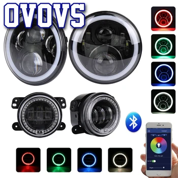 

1 Set 7 Inch 2x50W RGB Led Head Lamp + 1 Set 4" Fog Light High Low Beam Phone App Bluetooth Connect Auto Headlight for Jeep JK