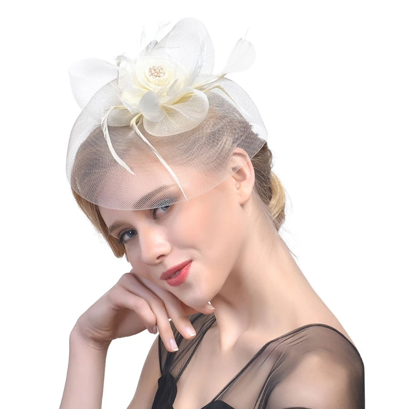 Beauty Emily Women Fascinator Bridal Mesh Flower Hair Clip Many Colors Available Feather Hat for Wedding Party