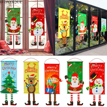 

Merry Christmas Window Sign Banners Santa Claus Snowman Porch Flag For Indoor Outdoor Wall Door Festival Party Decoration