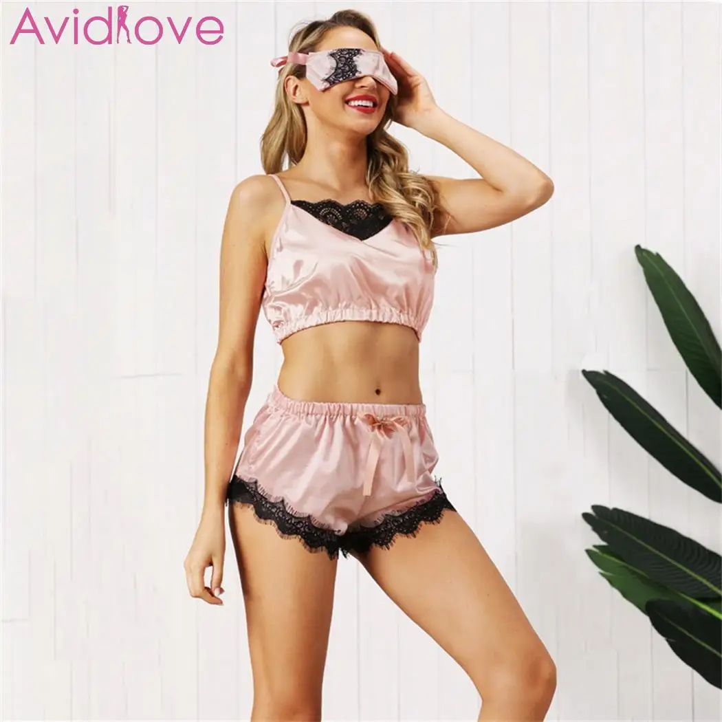 Women Spaghetti Strap Lace Bra Bow Sleeping Panties Bow, Patchwork Eye Sexy Mask Lingerie Set Sleepwear