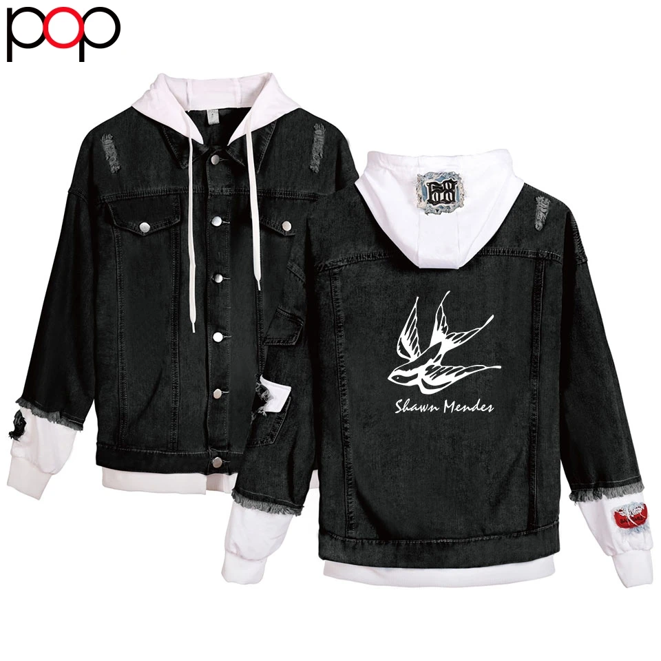 

Shawn Mendes-Senorita New Cowboy Women/Men Autumn Winter Fashion Stitching Hooded Broken hole Stitching Denim Jacket Plus Size