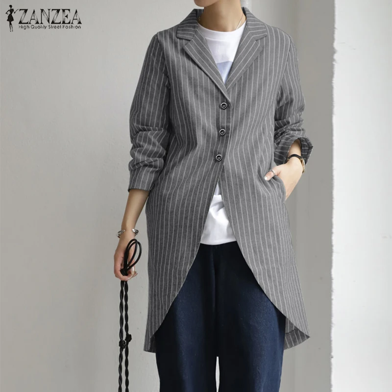 

Women's Asymmetrical Coats ZANZEA Fashion Striped Blazers Causal Single Button Cardigans Female Autumn Outwear Plus Size Tunic 7