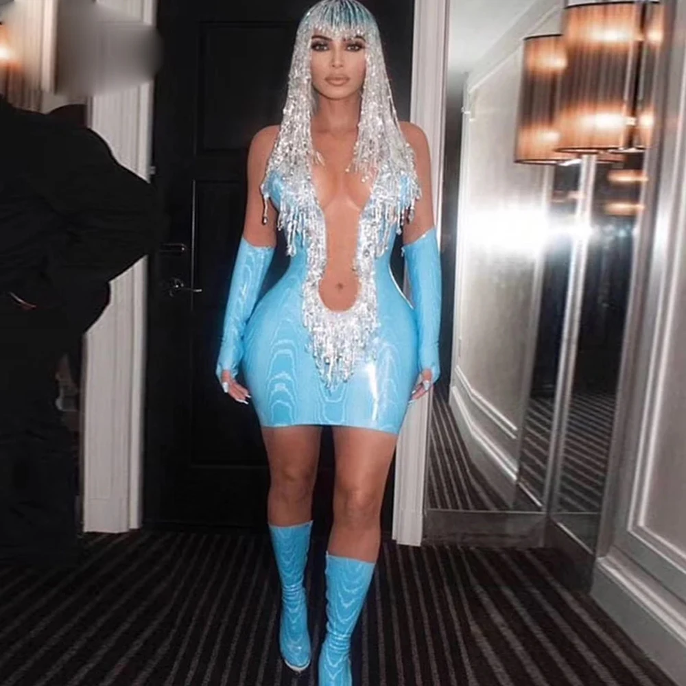 

Stage Show Nightclub Silver diamond Fringe Blue Dress Gloves shoes hairpiece Transparent Women GOGO Dance Outfit