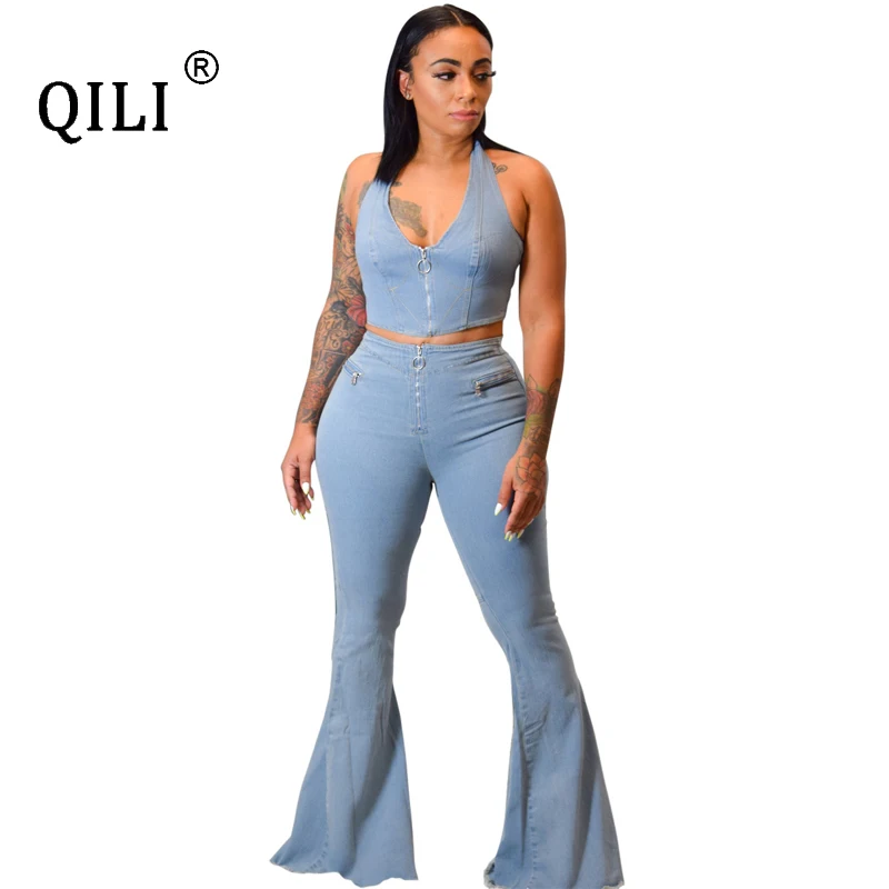 

QILI Women Two Piece Set Jumpsuits Top+Boot Cut Pants Outfitss Sexy Denim Jumpsuit 2 Piece Outfitn For Womens Clothes