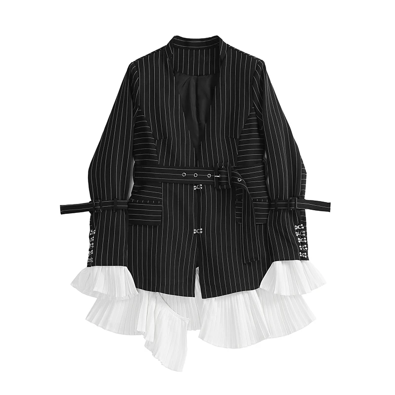 

2019 New Autumn Winter Lapel Long Sleeve Black Striped Hem Ruffles Stitch Loose Jacket Coat Fashion Tide EM185