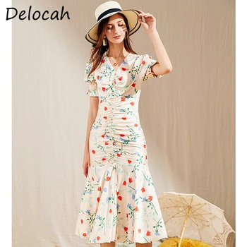 

Delocah Women Fashion Designer Party Midi Dress Puff Sleeve Draped Floral Print Bodycon Fit Female Mermaid Dresses vestidos