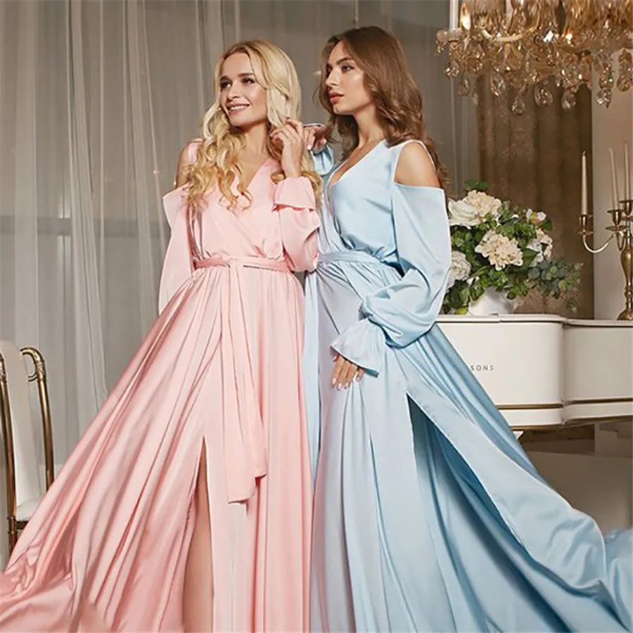 

V-Neck Long Sleeves A-Line Prom Dresses Sexy Split Side Customized Robe De Soiree Spring Women Special Occasion Party Gowns