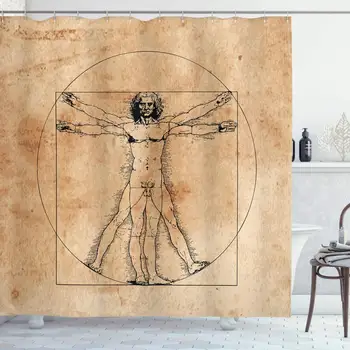 

Human Anatomy Shower Curtain Medieval Vitruvian Man Crosshatching Famous Italian Painting Renaissance Body Art Fabric Bathroom