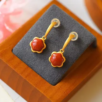 

New silver inlaid natural Enamel porcelain Agate Earrings geometric floret modeling Chinese style retro charm women's jewelry