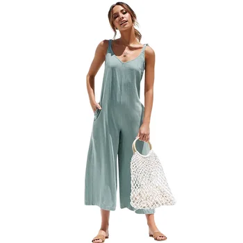

Sexy V Neck Wide Leg One Piece Jumpsuit for Women Elegant Ladies Casual Loose Tie Knot Backless 3/4 Jumpsuits Plus Size