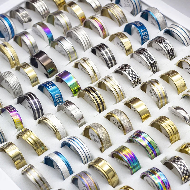 Wholesale 100Pcs/Lot Mixed Style Stainless Steel Rings Women Mens Jewelry 16-22mm