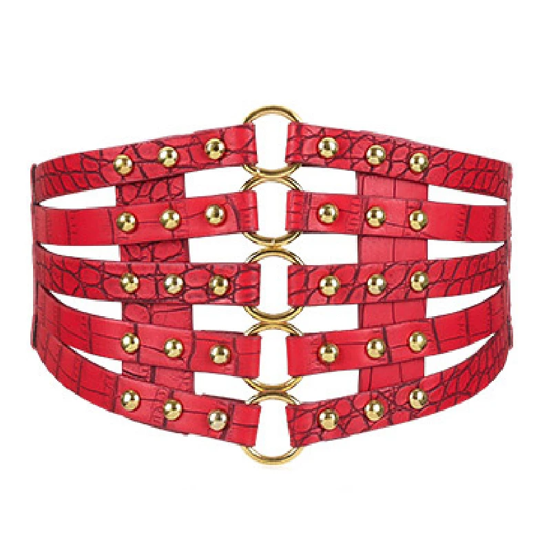 Модный пояс в стиле панк, широкий из искусственной кожи, с заклепками, женский сексуальный эластичный облегающий пояс, пояс из искусственной кожи в стиле ретро, аксессуары - Цвет: Красный