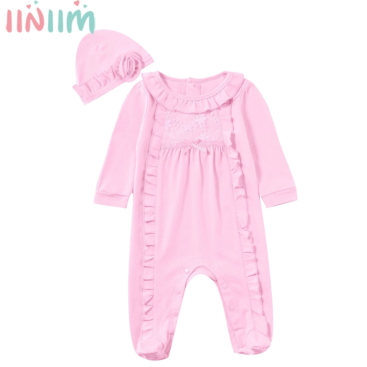 

Newborn Baby Girl Outfits Infant Girls Cotton Embroidery Ruffles Foot Wrap Romper+3D Flower Hat 2Pcs Baby Jumpsuit Clothes Sets