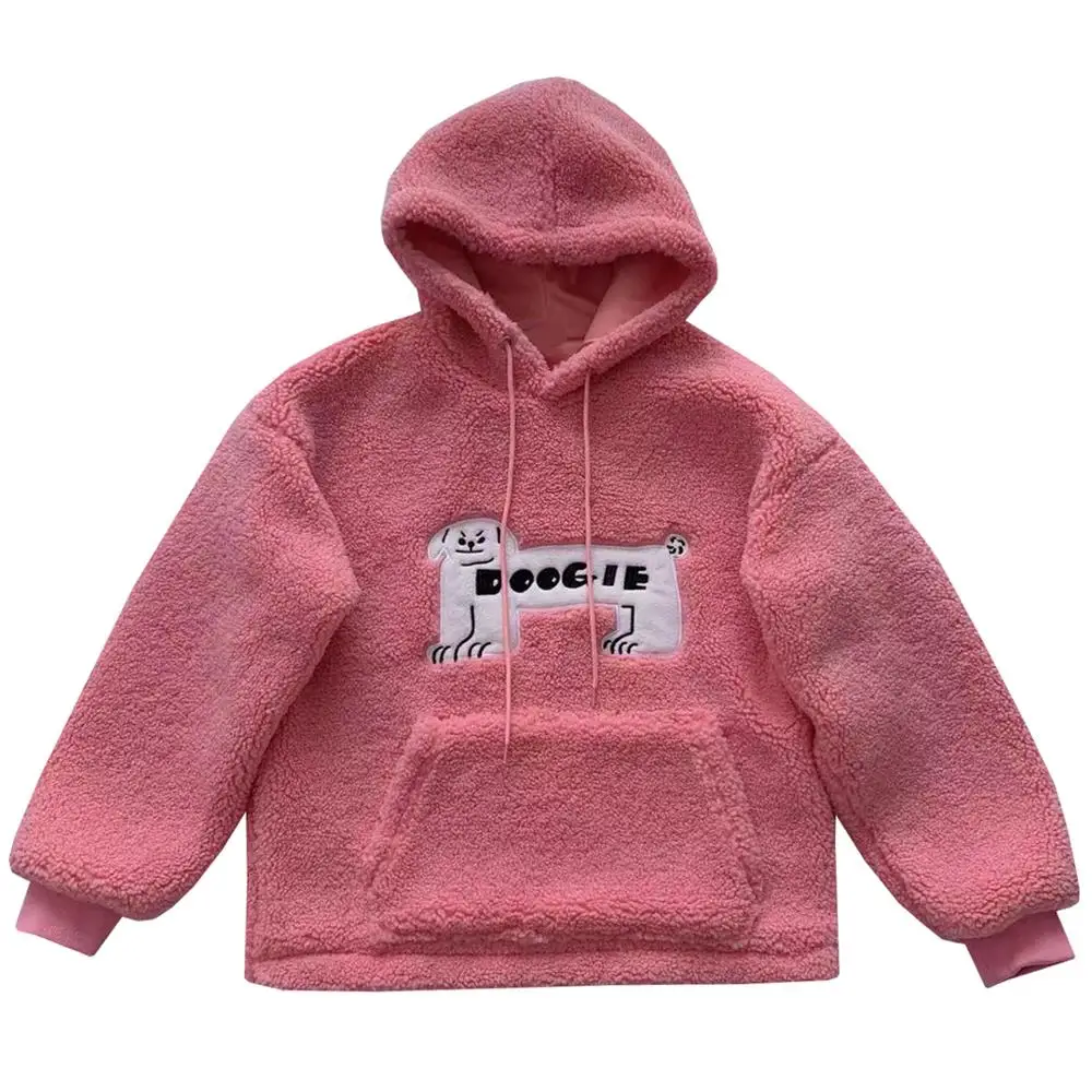 Pink Японская Женская толстовка с вышитой собачкой, толстовка с капюшоном для девочек-подростков, Студенческая толстовка из овечьей шерсти, плотный теплый пуловер, топы в студенческом стиле - Цвет: Pink