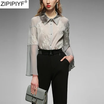 

2020 Women Embroidery Blouse Elegant Flare Sleeve Turn Down Collar Shirt Casual Slim Office Top Work Wear Blusa Blouse