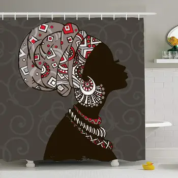 

Shower Curtain Set with Hooks 72x78 African Silhouette Womanbeautiful Profile Africa Black Woman Design People Life Red Beauty