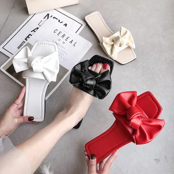 

2020 New Summer Slippers Female Solid Leather Women Shoes Woman Slides Flat Casual Shoes Bow Knot Beach Female Flip Flops Slides