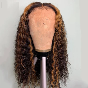 

Remy Ombre Highlight Long Loose Curly 5x5 PU Silk top Wigs For Black Women Natural Hairline Lace front Wig Middle Ratio