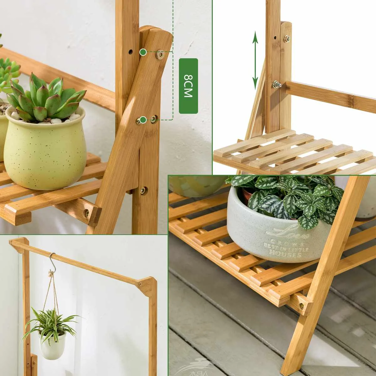 3-layer Wood Plant Shelves with Hanging Rod Bonsai Display Plant Stand Outdoor Indoor Yard Garden Flower Pot Shelf 50/70/100cm