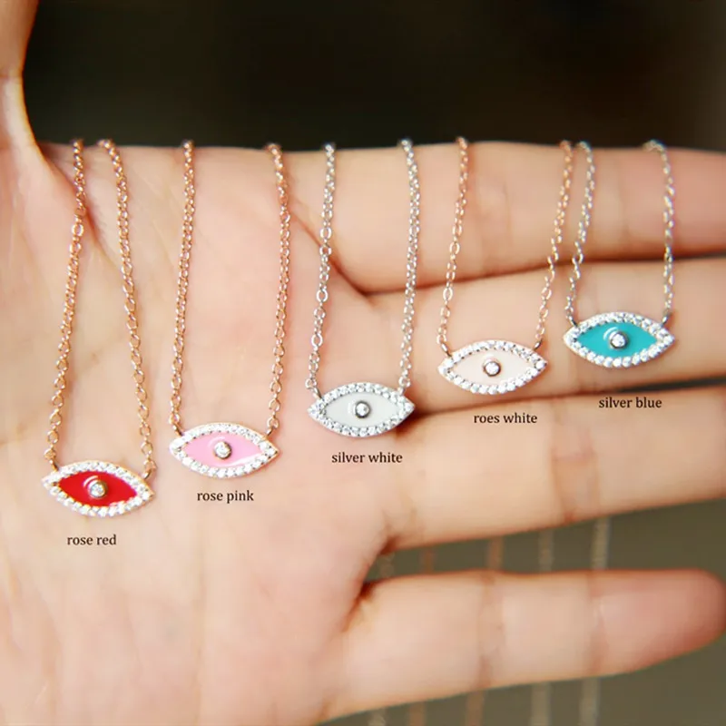 

Real 925 Sterling Silver Evil Eye Pendant cz Chocker Necklace with White Red Pink Blue Enamel for Women Ladies Fashion Jewelry