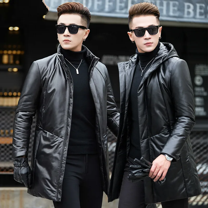 

Genuine Leather Down Jacket Winter Coat Men Long Sheepskin Leather Jacket Hooded Masculine Coat G02-AHYYQ6803-1 KJ824